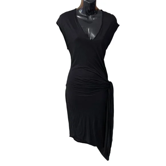 Helmut Lang Little Black Asymmetrical Draped Knotted Jersey Dress size M